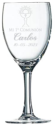 Curia Grabador Copa para comunión personalizada, copa cristal grabada con el texto que indiques. Copa caliz