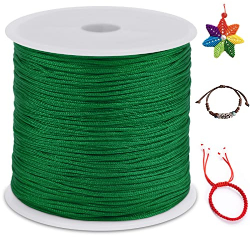LEREATI Filo Nylon 0.8mm per Braccialetti, 100m Cordoncino Natalizio Coda di Topo, Macrame Corda per Collane Perline Gioielli Fai da Te (Verde)