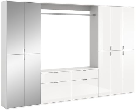 xonox.home - 4tlg. Kombination Projekt X 273x193x34 cm in Front weiß Hochglanz/Spiegel Korpus weiß Nb - Garderobe Ankleidezimmer Schranklösung Büro Ordnungssystem - vielseitig und modern