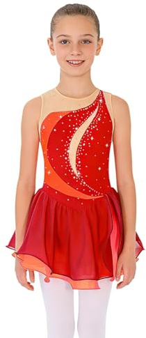 Freebily Mädchen Tanzkleid Ärmelloses Eiskunstlauf Kleid Ballettkleid | Mit glänzenden Strasssteinen verziert, modische Patchwork, Rundhals, Kinder Gymnastik Trikot, Wettbewerb Tanzkleidung