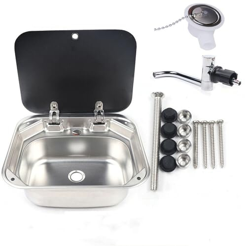 LIYUANJUN RV Sink w/Lid, Square Single Bowl Sink Stainless Steel Sink with Hot & Cold Faucet Multifunctional Hand Wash Basin for Bars Food Trucks Campers Motorhomes Caravan Trailer