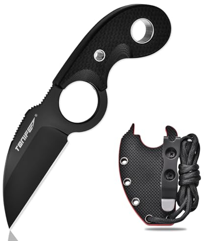 TONIFE Halvmåne Halskniv Kniv för Utomhusbruk Fast Blad i 8Cr14MoV-Stål med Slida, Nyckelband och Klämma Kniv med Full Tång Överlevnadskniv (Svart+Svart Titan)