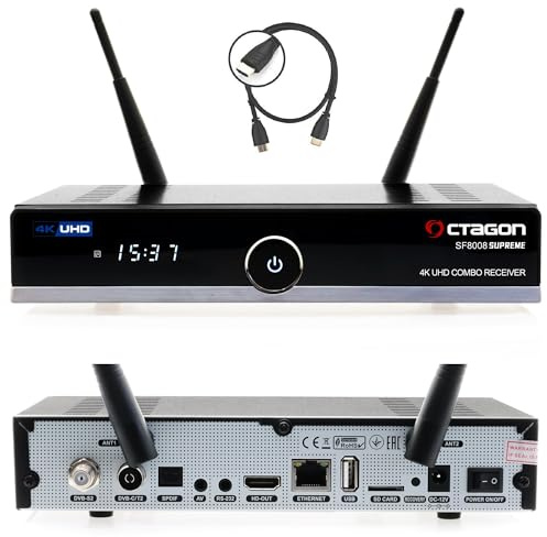 Octagon SF8008 UHD 4K Supreme Combo + Disque Fixe Interne 4To, Récepteur sat, câble et DVB-T2, E2 Linux & Define OS, avec Fonction Enregistrement, M.2 M Key, Gigabit LAN, Lecteur de Carte, Sat to IP