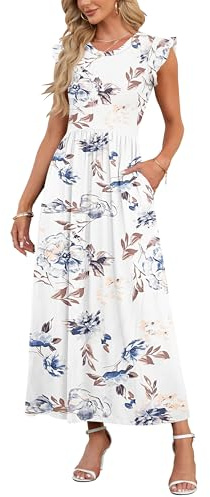 AUSELILY Summer Maxi Dress Women with Pocket Beachdress Petal Ruffle Sleeve | High Waist Crew Neck Casual Long Sundress A Line Flowy Wedding Cocktail Party Dresses Ladies Vacation Maternity Daily Boho