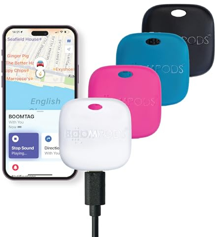 Boompods Boomtag Wiederaufladbarer Schlüsselfinder 4er Pack - Bluetooth Tracker kompatibel mit Apple Wo ist? App, Wasserdichter Key Finder, Mini GPS Ortungsgerät für Schlüssel, Taschen, Wertsachen