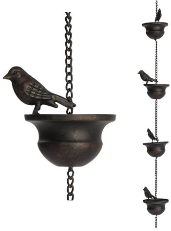 Kopinma Rain Chains Drainer, Birds Rain Chain Adapter for Gutters, Rain Chimes for Garden Sheds, 7.8Ft Rain Chimes with Attached Hanger and Birds, Rain Catcher for Downspout, Divert Water