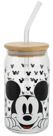 Disney Mickey Mouse Big Face Bouteille en verre avec paille et couvercle 425 ml