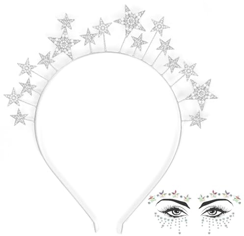 Epokus Stern Stirnband Silber,Strass Haarband mit Gesichtstattoo,Glitzer Haarschmuck Stern Kopfbedeckung,Kostüm Kristall Haarreifen für Karneval Hochzeit Frauen Party Mädchen Braut Brautjungfern