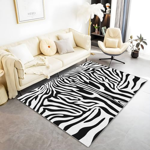 Innenbereich Kurzflor Teppich Tier Zebra Textur Muster rutschfest Teppich, Weiß Schwarz Wohnzimmer Schlafzimmer Ornamenten waschbar Teppich 160 x 230 cm bedrucktem Teppich