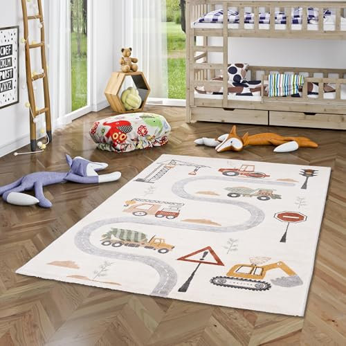 Pergamon Kinder Teppich Maui Kids Baustelle Bunt - Weicher Spielteppich mit Dinosaurier-Motiven für Kinderzimmer & Spielzimmer, Pflegeleicht und Farbbrillant