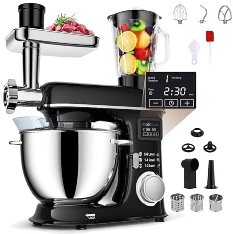 Batteur sur socle électrique 8 L, 1 500 W, mixeur pour pâtisserie avec écran LED, tête inclinable à 6 vitesses, bocal en verre de 1,5 L, hachoir à viande, mixeur de cuisine électrique de fermentation(