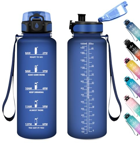 Wasserflasche Sport 1.5L, Auslaufsicher Wasserflasche mit Filter, Motivierende Trinkflasche mit Zeitmarkierung, Kohlensäure Geeignet, Sportflasche für Gym, Fitness, Büro, Schule, Yoga, Outdoor