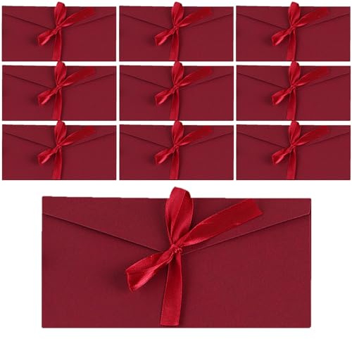 ATSNOSH 10 buste rosse con nastro, busta regalo, carta kraft, buste in carta, biglietti regalo, 11 x 22 cm, per compleanni, Natale, inviti per matrimoni (rosso)
