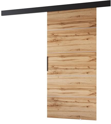 MINIO go for it - Schiebetüren 96 cm, Schiebetür Zimmertür PRIM B | Schiebetürsystem für Zimmer, Dekorative Streifen, Wandmontage, Türe Innen - Silber/Schwarzer Griff (96 x 205 x 1,6 cm)