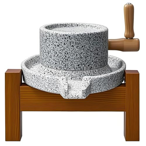 Stone Grain Mill Grinder for Home - Handmade Countertop Wheat & Flour Disk Grinder with Wooden Stand for Bread, Tortillas, Spices