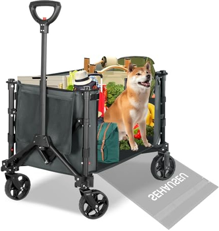 Chariot de camping pliable avec freins, chariot de plage sur grandes roues tout terrain, poignée escamotable, Heavy Duty 600D, 120 l, 100 kg, pour le shopping, pique-nique, camping, transport, gris