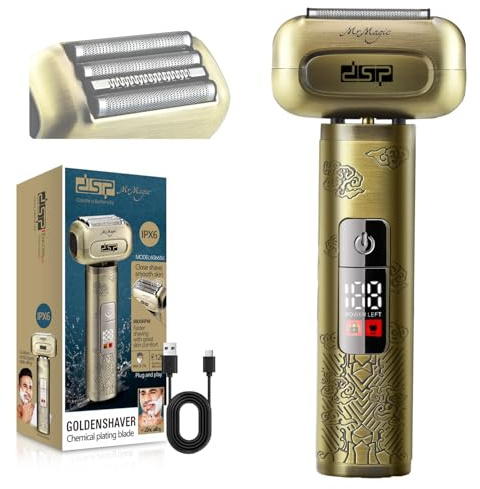 DSP Rasoi elettrici da uomo, IPX6 impermeabile, Type-C, rasoio ricaricabile, sistema di taglio a 4 lame, rasoio elettrico, blocco da viaggio (bronzo)