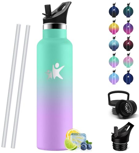 HoneyHolly Trinkflasche 750ML, BPA-Frei, Trinkflasche Edelstahl, Auslaufsichere Isolierflasche Doppelwandig, Wasserflasche, mit Strohhalm, 18/8 Edelstahl, Thermosflasche-Seegrün Hellviolett