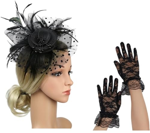 Elegante tocado de velo de encaje y guantes de encaje para la muñeca, decoración del cabello para bodas, fiestas de té vintage