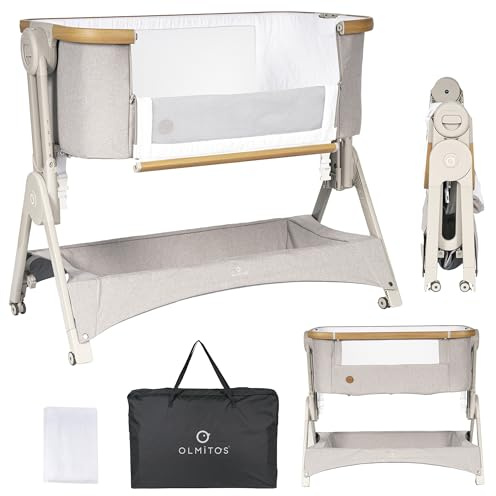 Olmitos - Minicuna de Colecho Stella – Cuna Bebé 2 en 1 Desde el Nacimiento, Altura Ajustable, Lateral Abatible, Incluye Edredón y Bajera - con mosquitera (Beige)