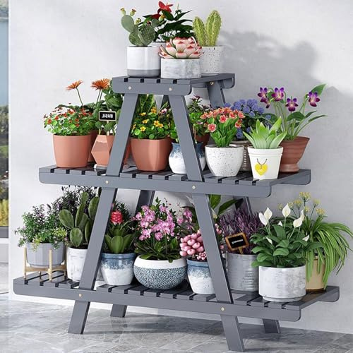 ASerZenith Pflanzenständer Aus Bambus Für Drinnen Und Draußen, 3-Stöckiges Pflanzenregal, Blumentopfhalter, Leiterregal Für Fensterbank, Garten, Balkon, Wohnzimmer, Terrasse, Grau
