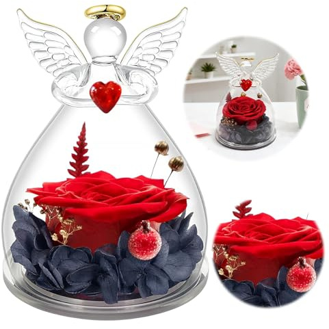 Sifxouped Regalos de ángel de rosa eterna para mamá, con regalo de cumpleaños para mujeres, rosa eterna en cristal, figura de ángel, regalos para mujeres, regalo de la abuela, ángel de la guarda