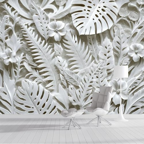DLERFLOVR Papier Peint Panoramique 450x315cm Tapisserie de Soie Fleur D'Hibiscus Monstera 3D XXL Tableaux Muraux Relief En Plâtre Décoration Murale pour Chambre Salon D'Enfant, Blanc