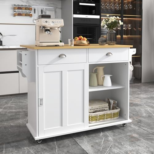 Carrito de cocina con encimera plegable, isla de cocina con cajones y puertas, armario de cocina con ruedas con toallero, Kitchen Island para comedor, cocina, blanco y natural, 112 x 40 (70) x 94 cm