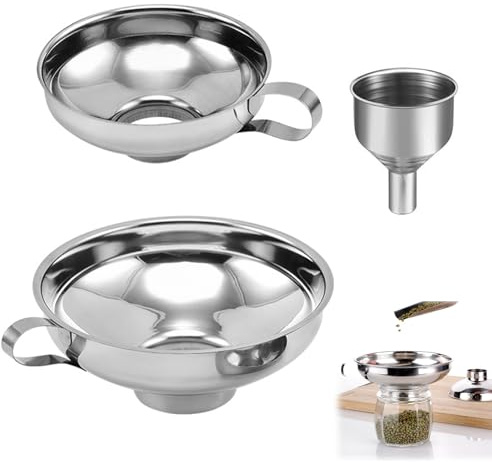 3 Piezas Embudos de Acero Inoxidable con Asa, Embudo Cocina Multiusos para Líquidos Polvos Aceite Harina y Conservas, Incluye Embudo Grande, Embudo Pequeño y Estándar