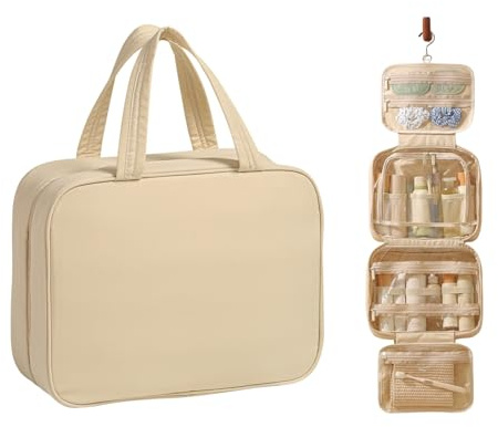 Outplea Reise Kulturbeutel zum Aufhängen Damen, Groß Faltbare Waschtasche Kosmetiktasche mit Haken, Wasserdicht Waschbeutel Kulturtaschen mit Griff für Makeup Kosmetika, Beige