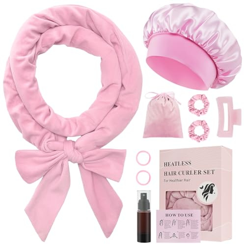 BUTBU 9 Stück Lockenwickler Über Nacht, Samt Heatless Overnight Curls Band, Locken Ohne Hitze, mit Schlafmütze, DIY Hair Curler Rollers Set, heatless curls für Langes Mittleres Haar(Rosa)