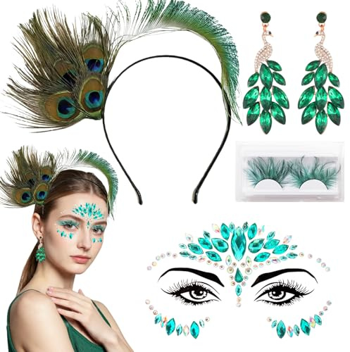 AUNGCSHE 4 Stück Pfau Kostüm Damen, Pfauenfedern Haarschmuck, Glitzersteine Gesicht, Pfau Ohrringe, Wimpern, für Fasching, Peacock Costume, Mottoparty, Cosplay