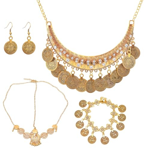 4 Stück Bauchtanz Kostüm Set Gold für Damen, Wahrsagerin Kostüm Accessoires mit Halskette, Kopfkette, Armbändern & Ohrringen, Indischer Vintage Münzschmuck für Karneval, Mottoparty & Piraten Kostüm