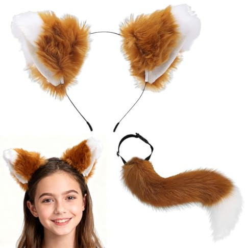 LQUYTA 2 Stück Fuchsohren Cosplay Set - Faschingskostüm für Kinder Erwachsene, Fuchsohren Stirnband Fuchsschwanz für Kinder Halloween Fasching Karneval Party