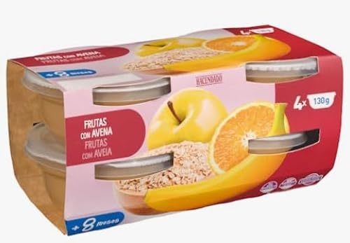 Hacendado Früchtebrei mit Hafer, 4 Gläser x 130g, Ab 8 Monate, Mit Vier Früchten, 520g Gesamtgewicht