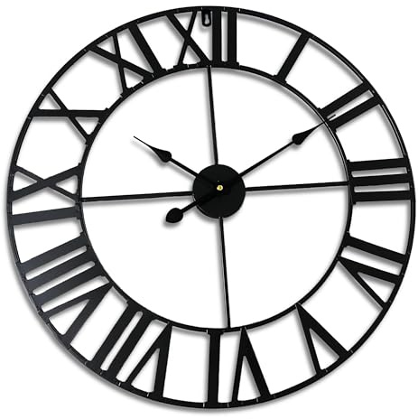 Relaxdays Väggklocka, romerska siffror, Ø 60 cm, batteridriven vardagsrumsklocka, analog köksklocka, järn, svart
