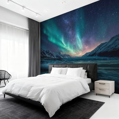 Aurora Photo Wallpaper for Bedroom, Northern Lights Wall Mural for Living Room, Teal Wallpaper 150x105 Nonwoven Wall Paper Home Decor W&42