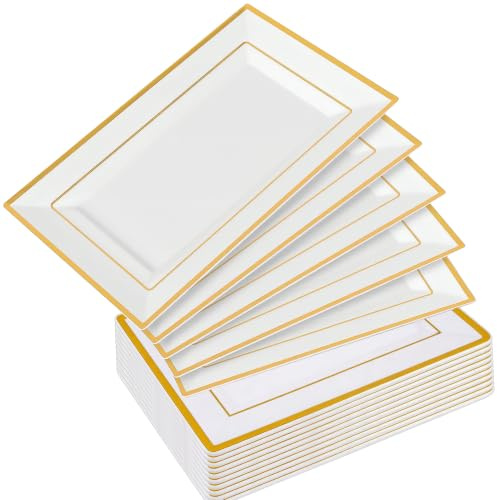 WYIPOLZI 15 Pack White Serving Plates with Gold Rim, Plastic Serving Tray & Platter Set for Weddings, Parties, Catering, Buffets - 30 x 22 cm