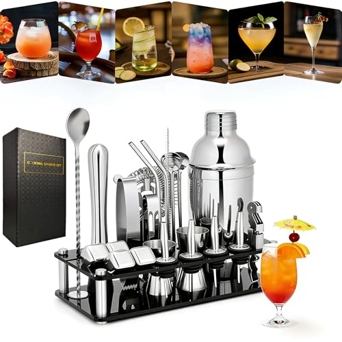 Cocktail Shaker Set 23PCS Boston 304 Stainless Steel Bartender Kit – 750ml Professional Drink Mixing Tools with Acrylic Stand – Complete cocktail shaker set for home bar & party with recipes booklet