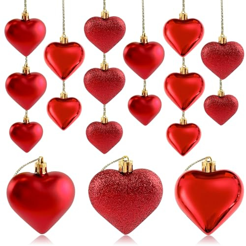 Red Valentines Heart Shaped Ornaments 3 Different Finishes Hearts Baubles Hanging Decor Red Glitter Heart Ornaments Valentines Day Hearts String Ornament for Mother's Day Anniversary Wedding 30 Pcs