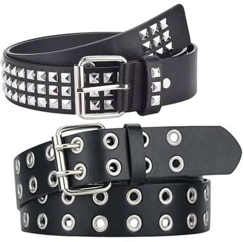 Yuwnd 2 Stück Nietengürtel, Studded Belt Für Damen Und Herren, Nietengürtel Damen Herren, Schwarze Gürtel Nieten Für Alltag Und Besondere Anlässe