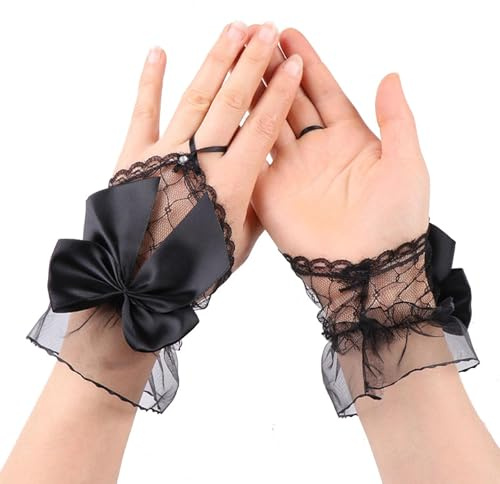 Women Fingerless Lace Gloves Sheer Mesh Bow Rhinestone Gothic Vintage Party