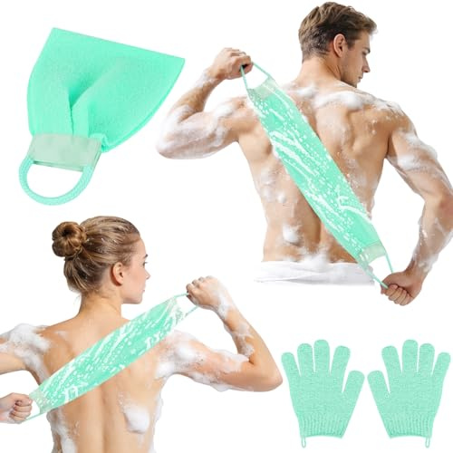 AYBUY Skalningshandske ryggskrubberset, peeling handske + bambufiber skrubbsvamp, duschhandske badhandskar för kropp, dusch, borttagare, död hud, skrubba (grön)