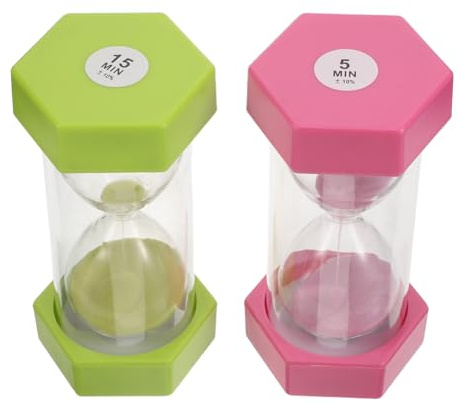 ELEOUTI 2 Unidades Reloj de Arena para Temporizador de 5 y 15 Minutos, Temporizador para Cepillado de Dientes Infantil, Visual para Aula y Uso Doméstico, Plástico y Vidrio, Colores