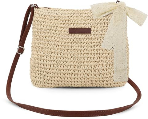 Celsano Beach Bag Straw for Women Summer Straw Bag with Lace Ribbon Adjustable Shoulder Straps Raffia Crossbody Bags for Women with Zip Woven Cross Body Handbag for a Beach Vacation