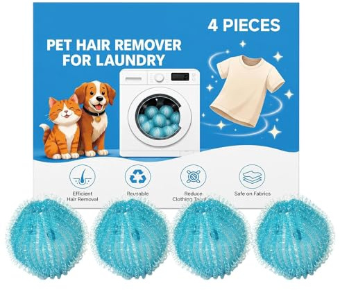 Laundry Pet Hair Remover 4 Pieces Lint Removal Cleaner Balls | Cat Dog Hair Catcher for Washer for Clothes Fabric Sweater Bedding Home Office Apartment Farmhouse Dorm Travel