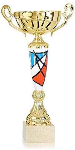 S.B.J - Sportland Goldener Pokal mit verziertem Keramik Mittelstück ca 29 cm.