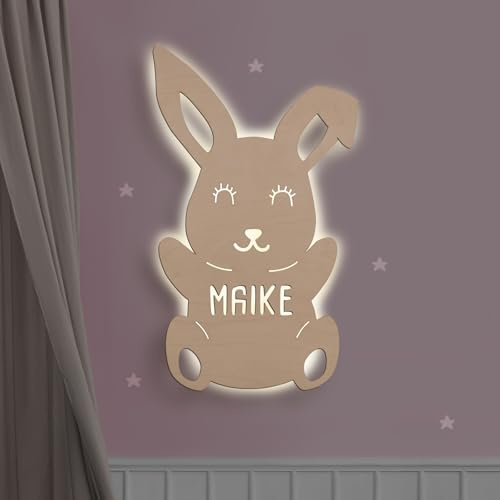 hellomini Personalisierbares LED-Nachtlicht mit Name für Kinder & Babys | Holz-Wandlampe | Schlummerlicht mit Motivwahl – Geschenk zur Geburt & Taufe (Hannes der Hase)