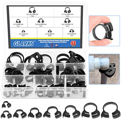 Glarks 48Pcs 8 Size Heavy Duty Black Double Gripping Nylon Hose Clamps Set, 6.6-27.2mm Plastic Snap Ratcheting Clamps Assortment Kit (Black 48Pcs)