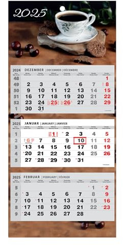 JAROGRAF Wandkalender 2026 – 3-Monats-Kalender mit praktischem Wandplaner für effiziente Jahresplanung, Feiertage, Schulferien und wichtige Termine (Kaffee) Dreimonatskalender